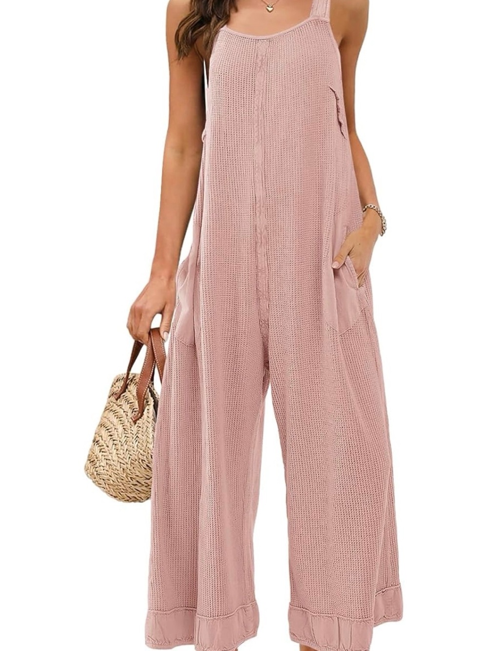 eesome Women's Sleeveless waffle knit Wide-Leg Knit Jumpsuit